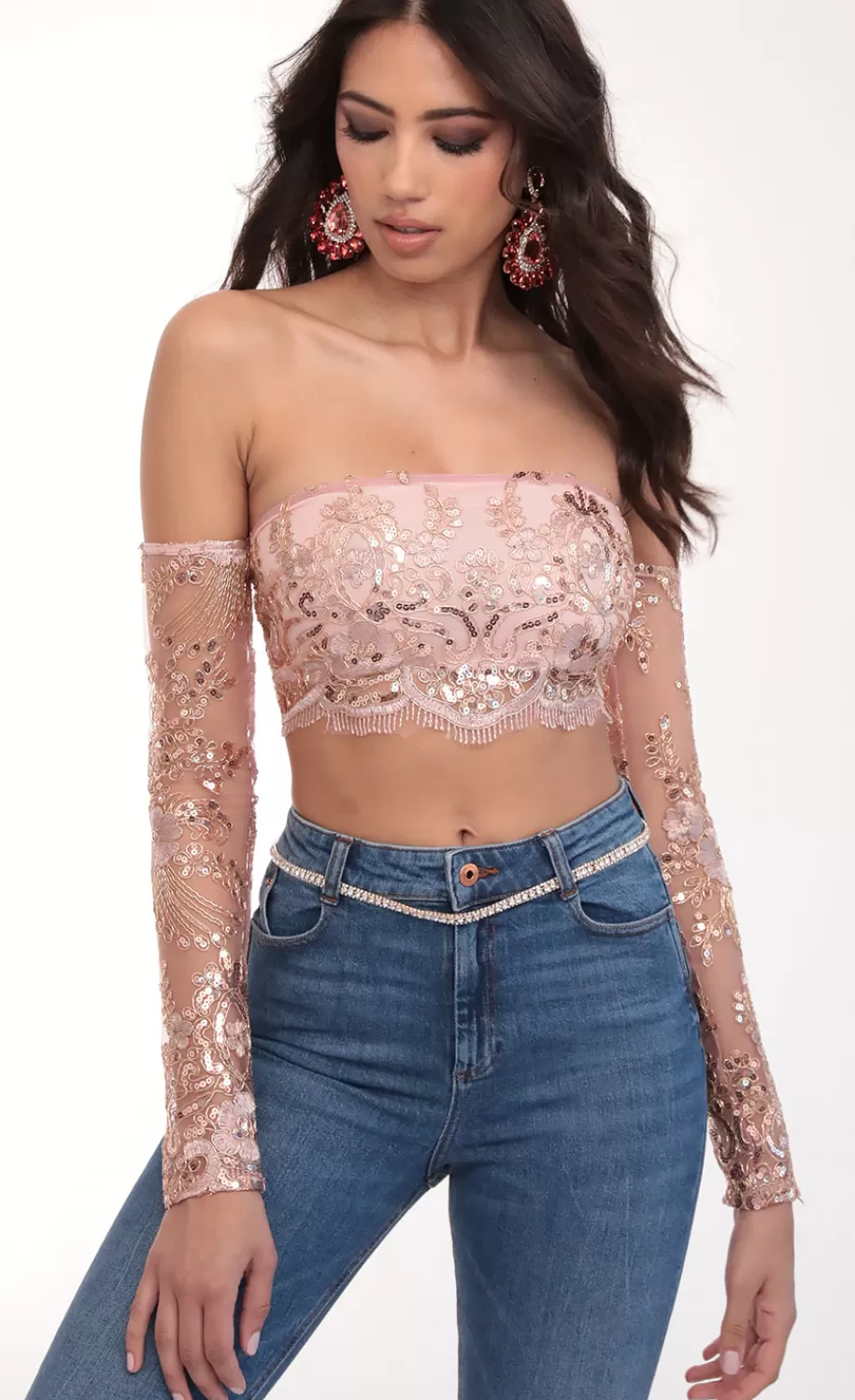 Valentina Gold Sequin Lace Top In Mauve^LUCY IN THE SKY Sale