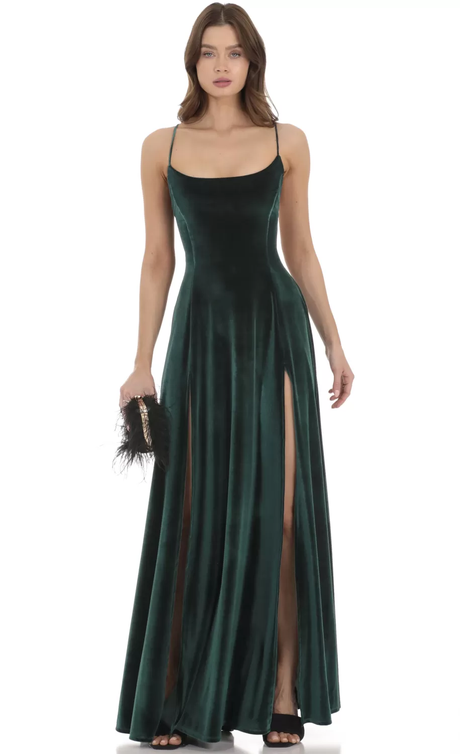 Velvet Double Slit Maxi Dress In Green^LUCY IN THE SKY Clearance