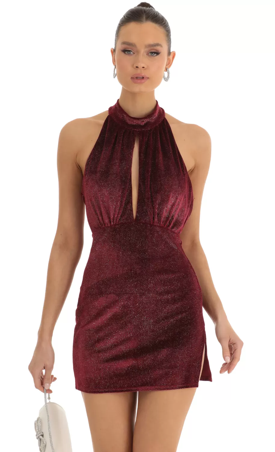 Velvet Glitter Mock Neck Halter Dress In Red^LUCY IN THE SKY Outlet