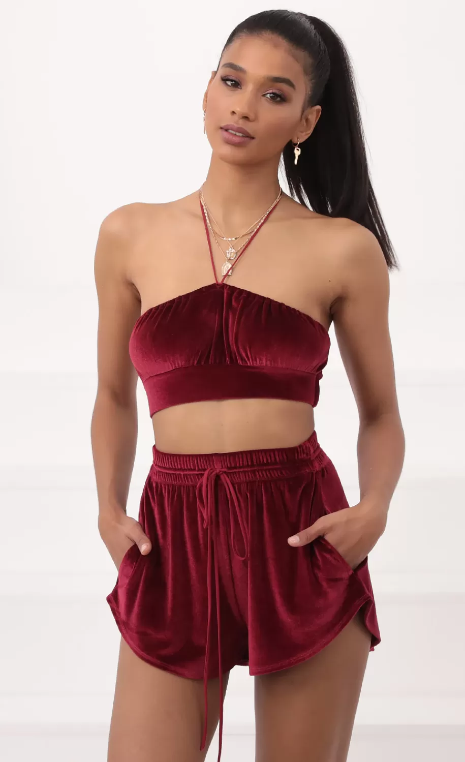 Velvet Halter Two Piece Set In Burgundy^LUCY IN THE SKY Clearance