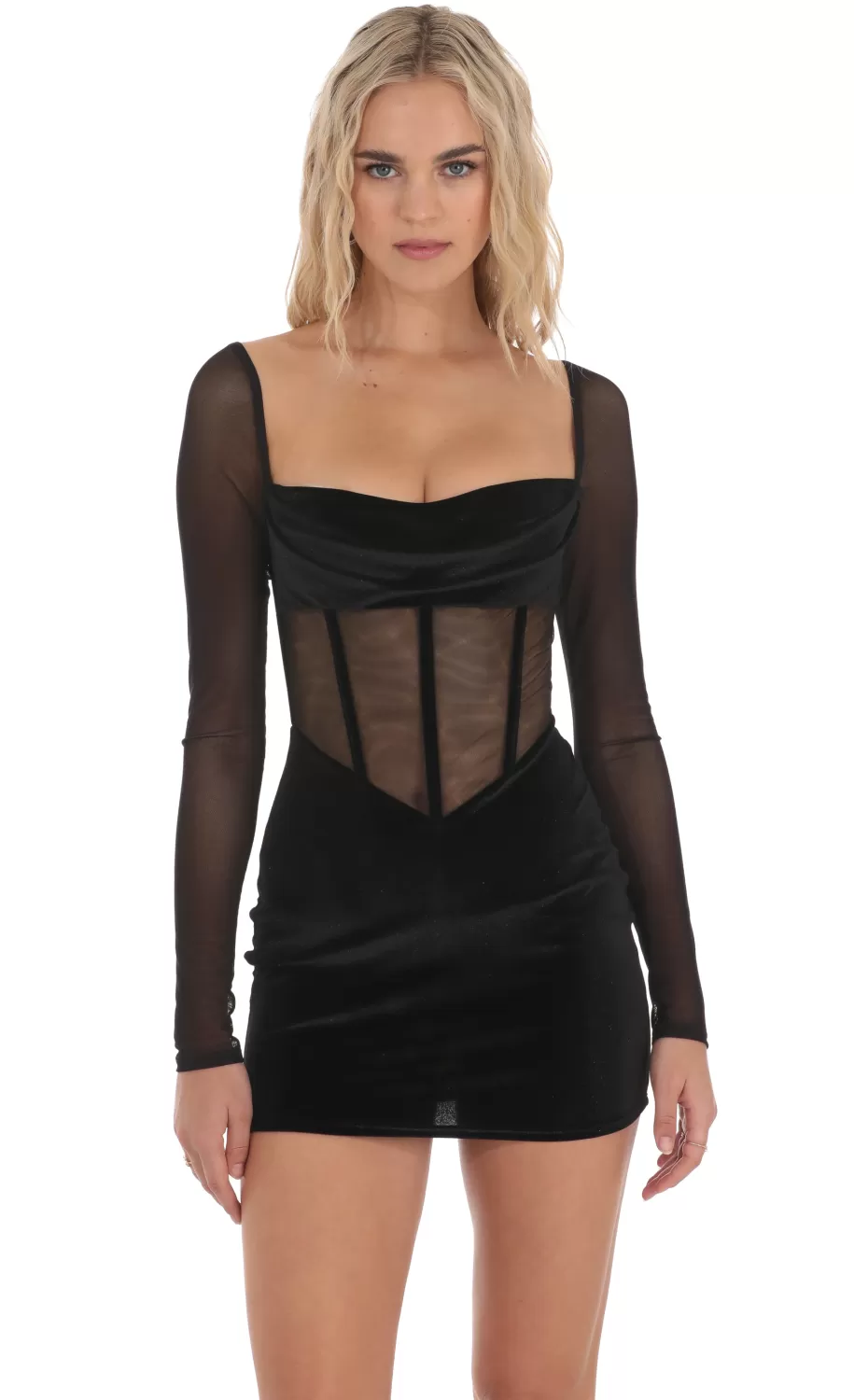 Velvet Mesh Corset Dress In Black^LUCY IN THE SKY Fashion