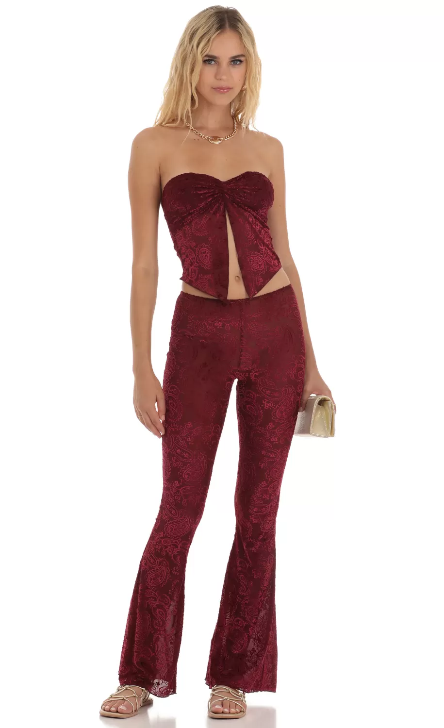 Velvet Mesh Two Piece Set In Maroon^LUCY IN THE SKY Clearance