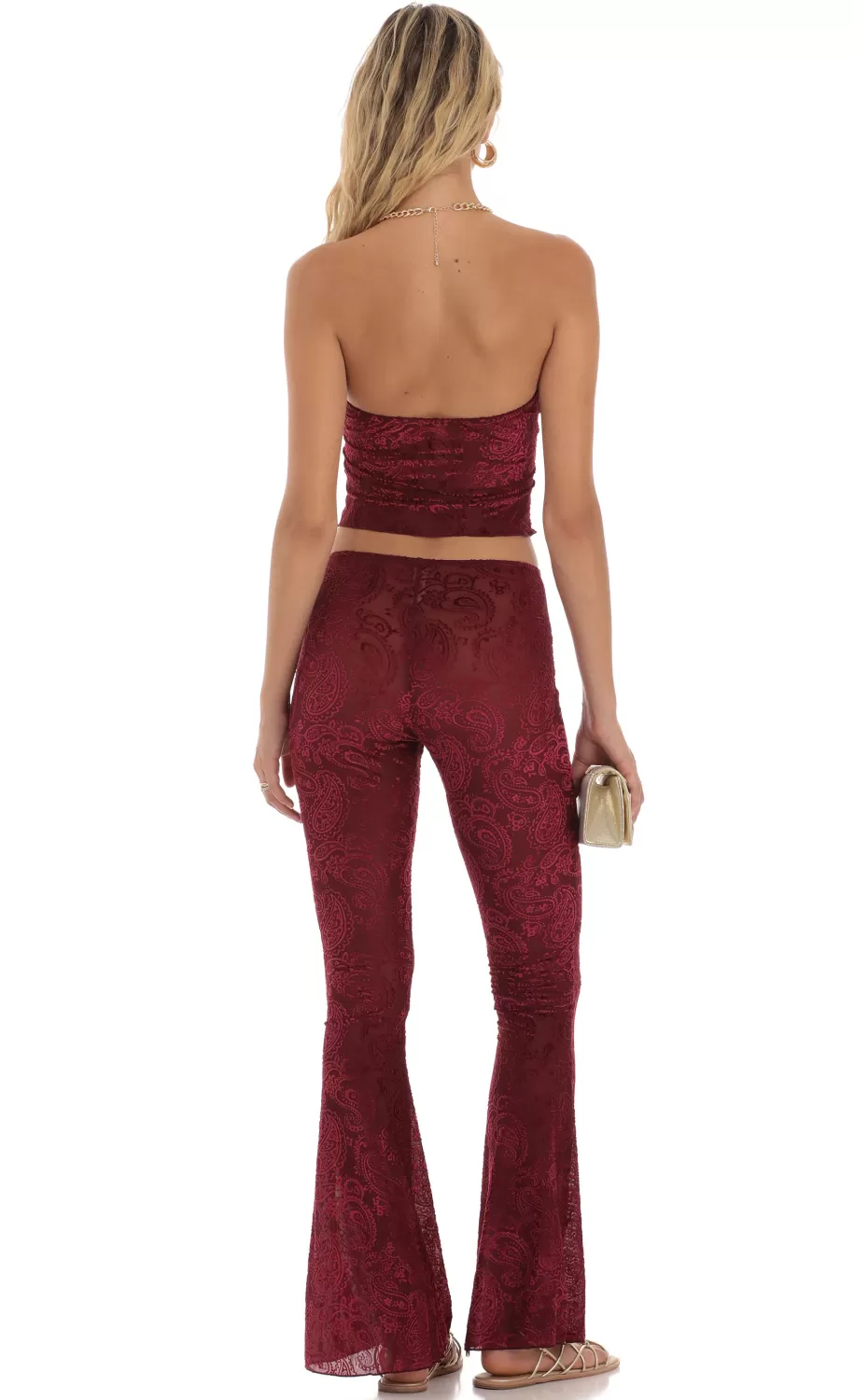 Velvet Mesh Two Piece Set In Maroon^LUCY IN THE SKY Clearance