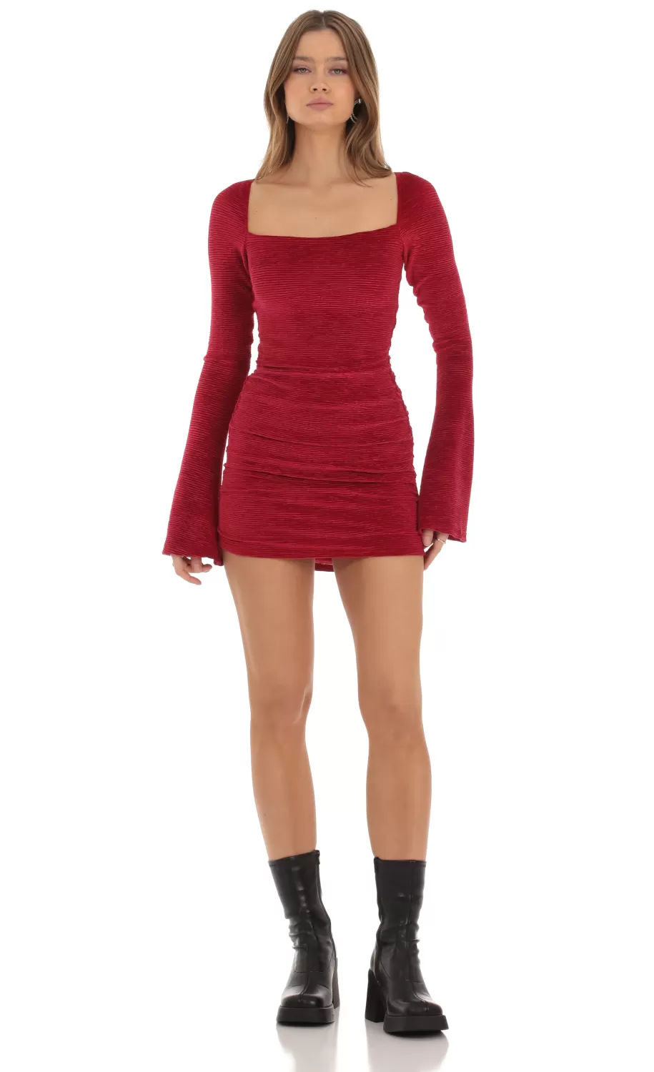 Velvet Pleated Bell Sleeve Dress In Red^LUCY IN THE SKY Online