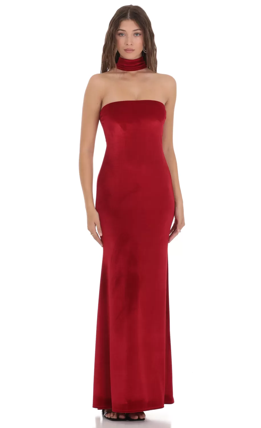 Velvet Reverse Halter Maxi Dress In Red^LUCY IN THE SKY Hot