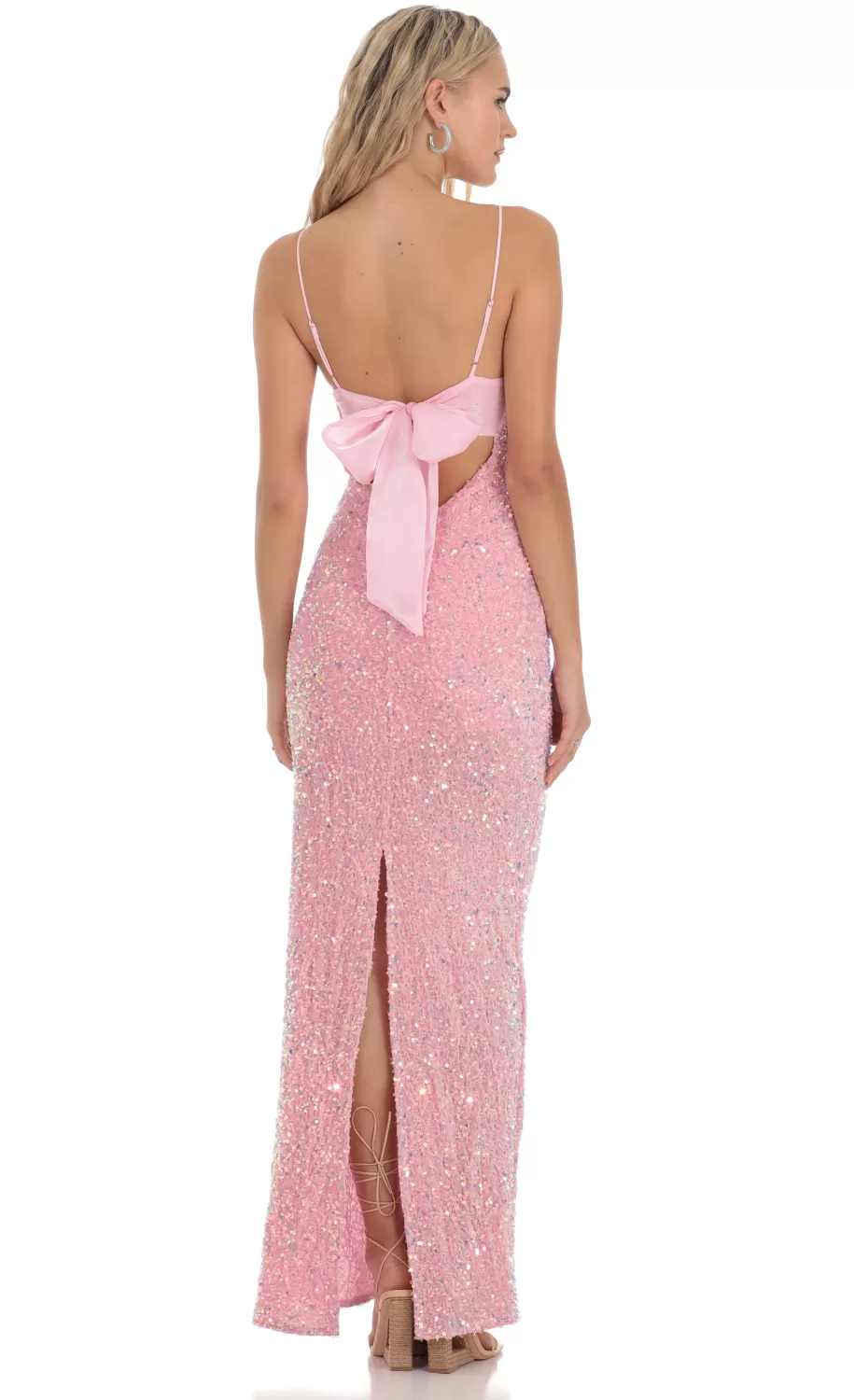 Velvet Sequin Back Bow Maxi Dress In Pink^LUCY IN THE SKY Best Sale