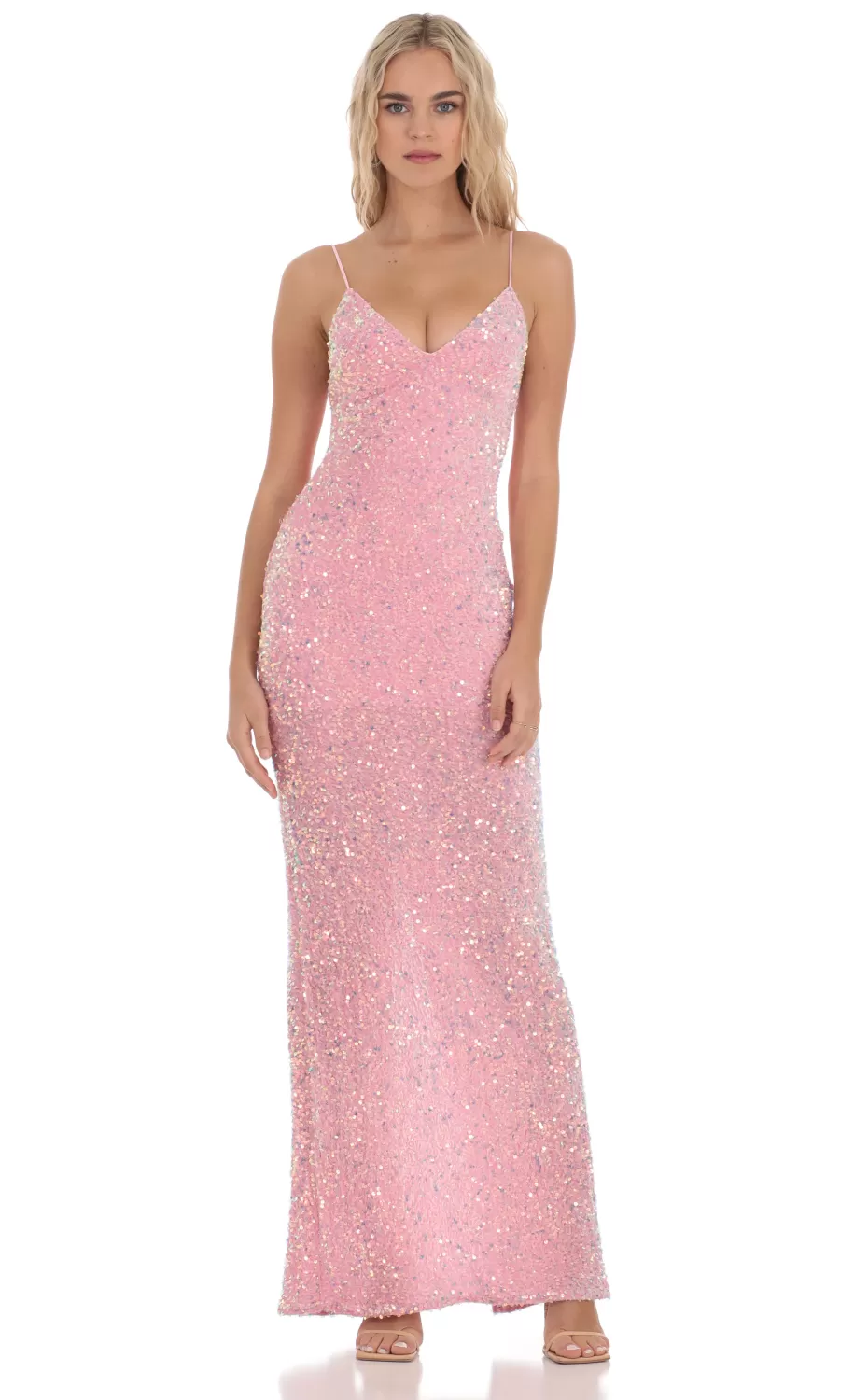 Velvet Sequin Back Bow Maxi Dress In Pink^LUCY IN THE SKY Best Sale