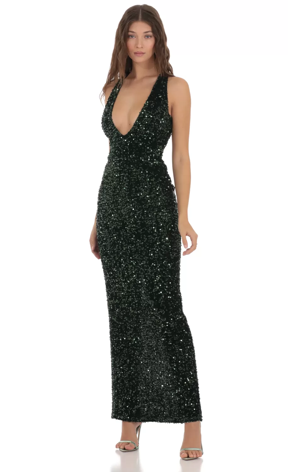 Velvet Sequin Plunge Neck Dress In Green^LUCY IN THE SKY Outlet