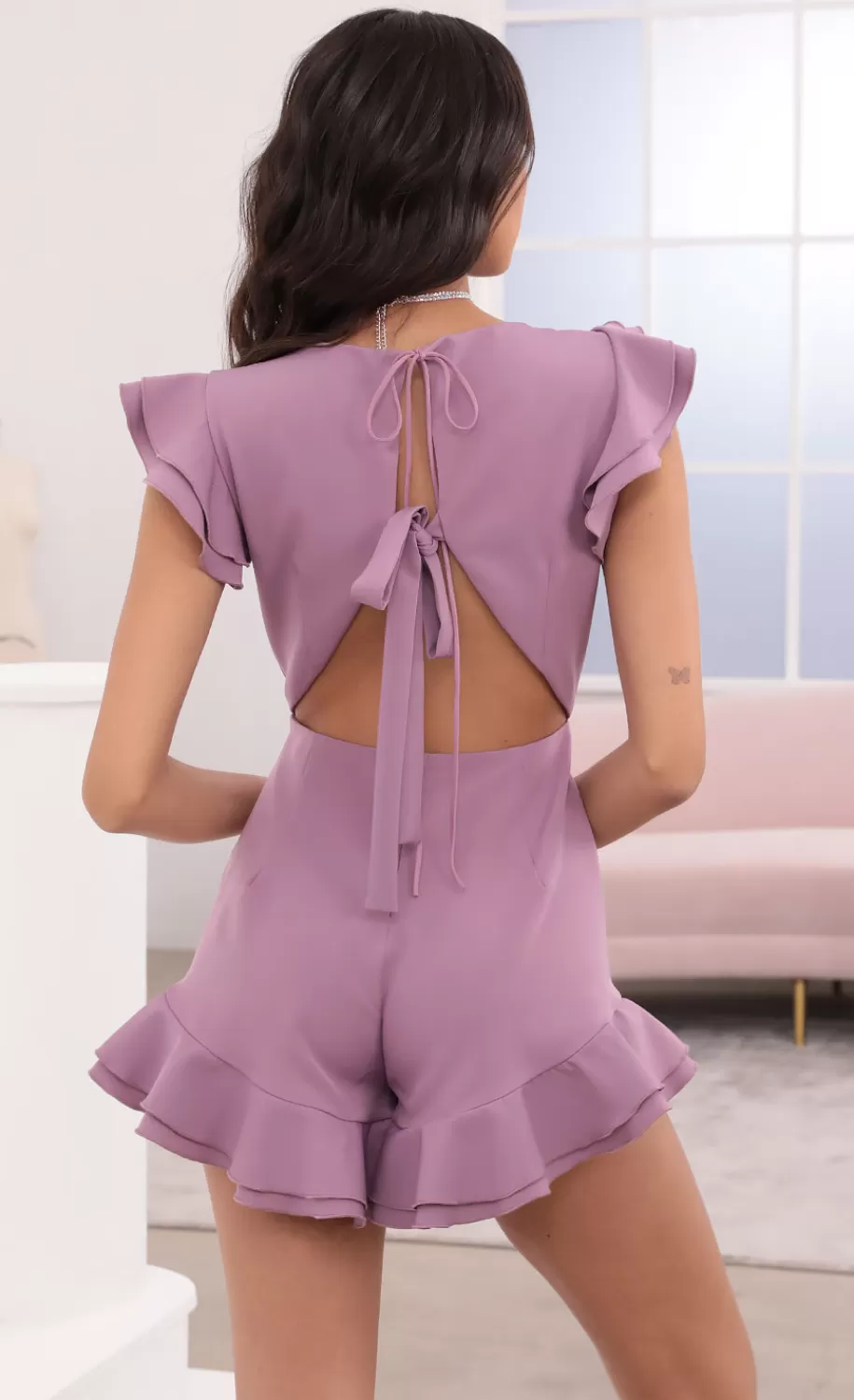 V-Neck Ruffle Romper In Mauve^LUCY IN THE SKY Cheap