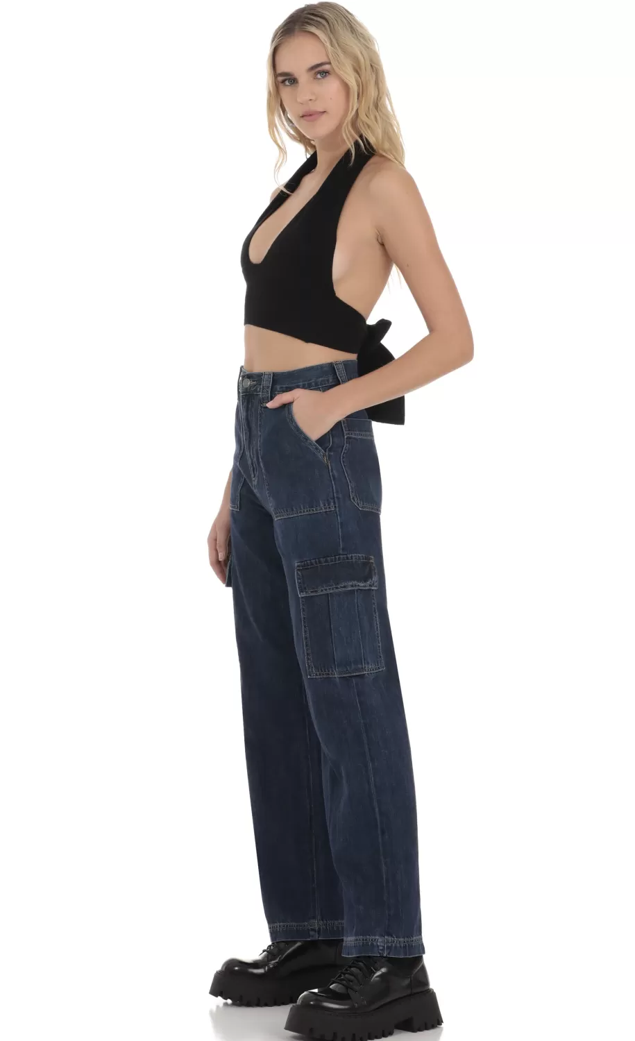 Wide Leg Cargo Jeans In Dark Denim^LUCY IN THE SKY Shop