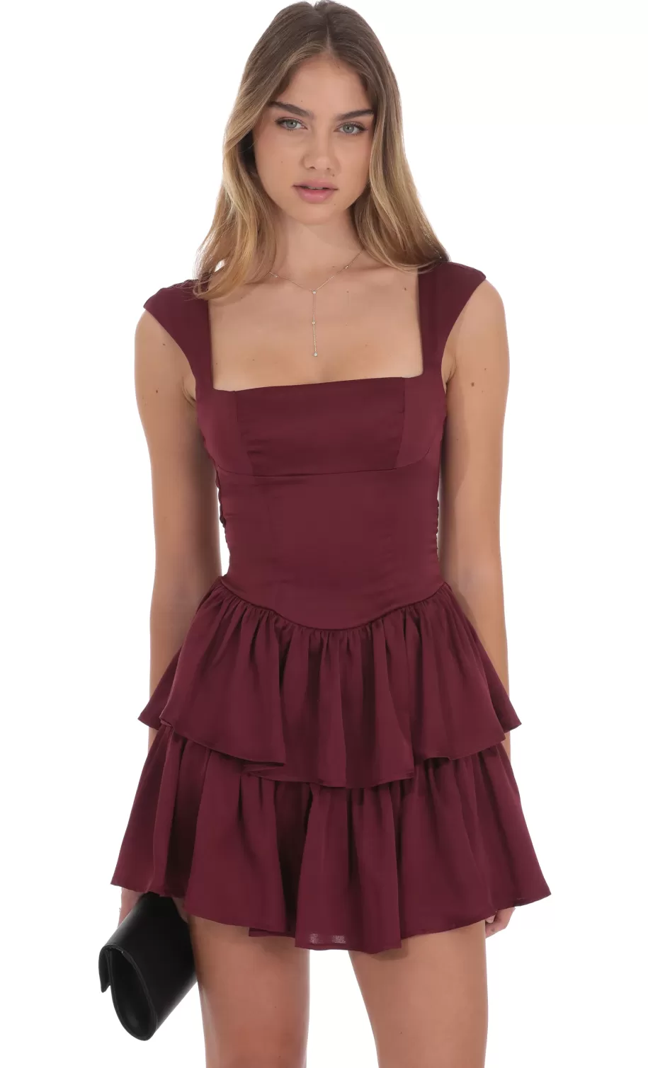 Wide Strap Ruffle Dress In Burgundy^LUCY IN THE SKY Shop