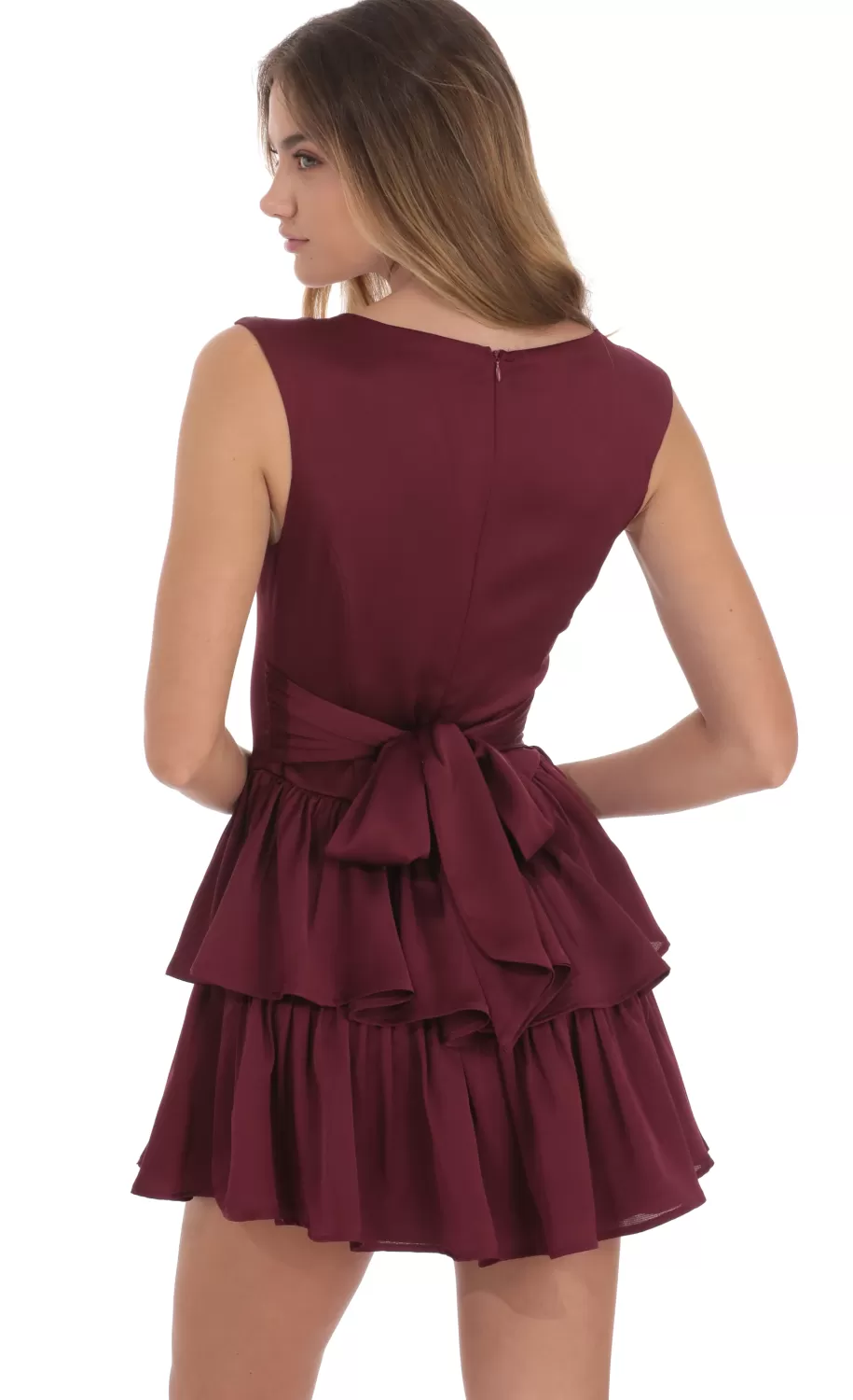 Wide Strap Ruffle Dress In Burgundy^LUCY IN THE SKY Shop