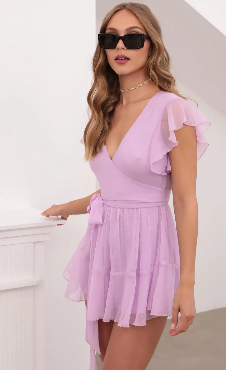 Wrap Romper In Lavender Crinkle Chiffon^LUCY IN THE SKY Sale