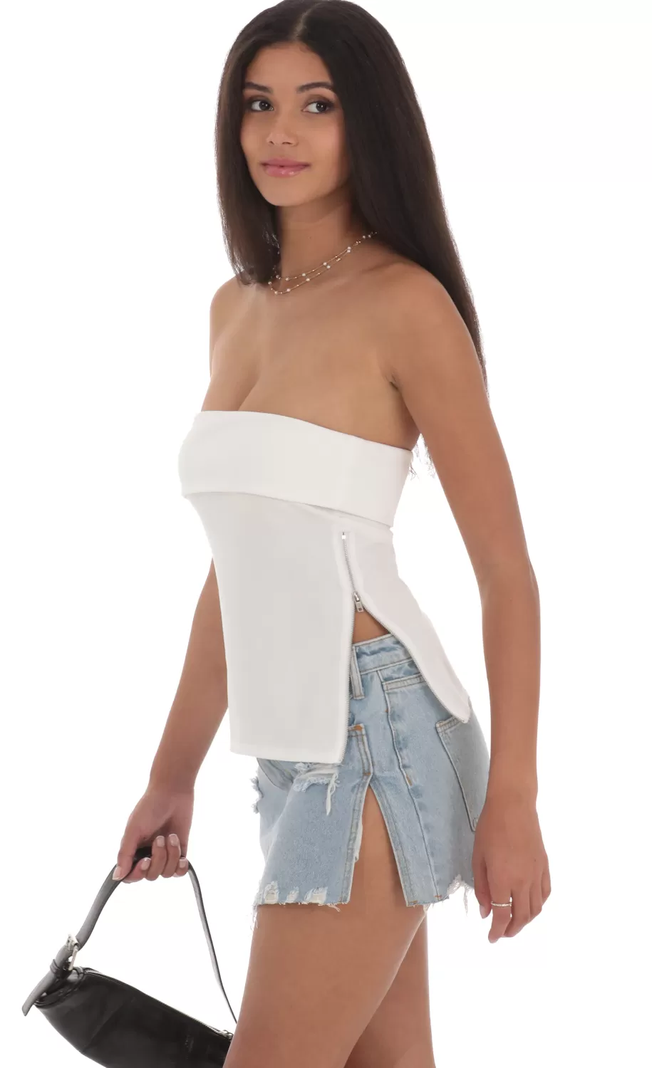 Zipper Slit Top In White^LUCY IN THE SKY Store