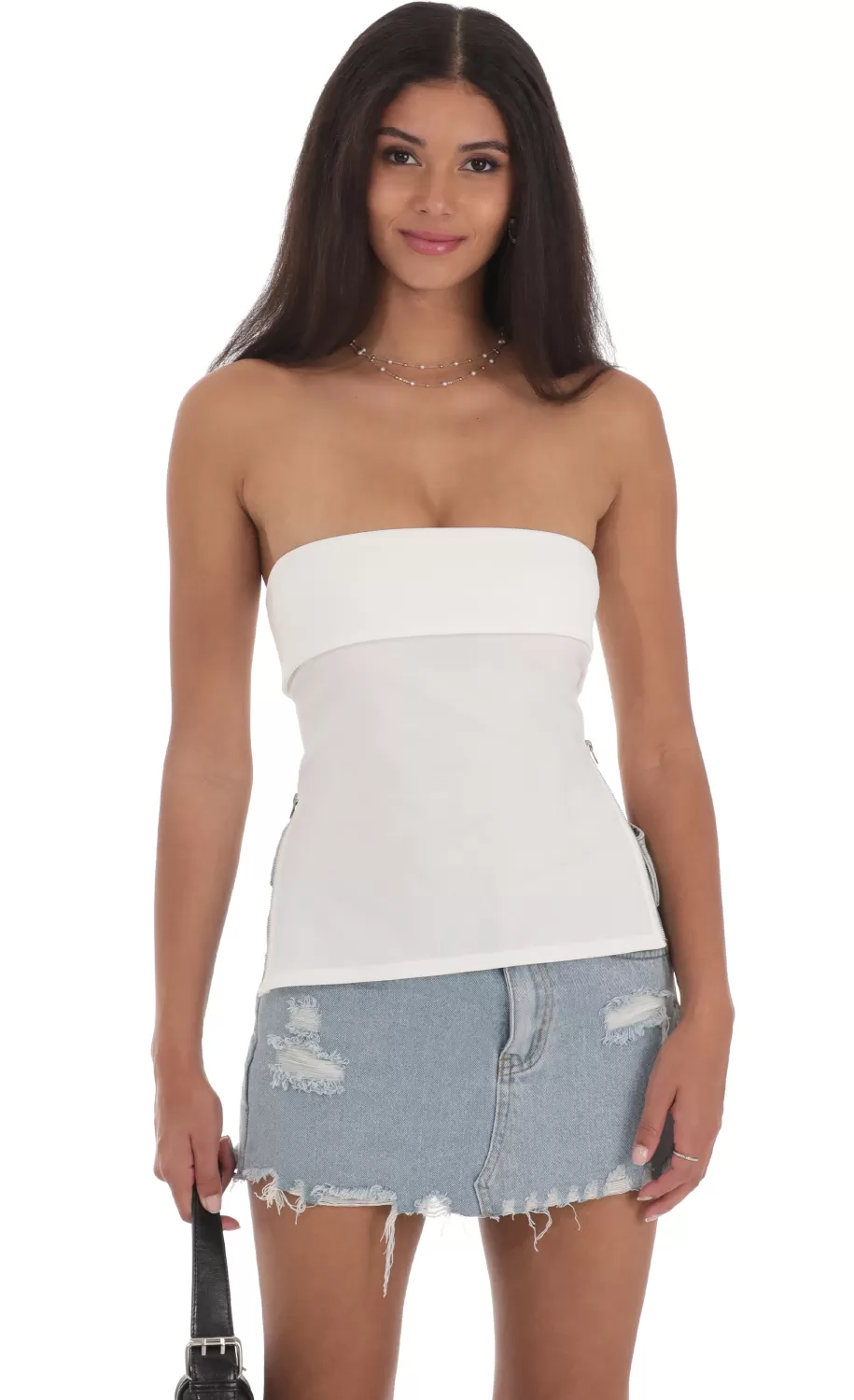 Zipper Slit Top In White^LUCY IN THE SKY Store